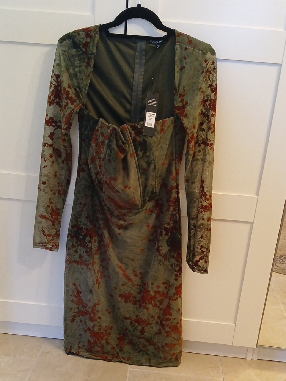 Fashion Nova Olive Velvet Long Midi Dress with Rust Accents
